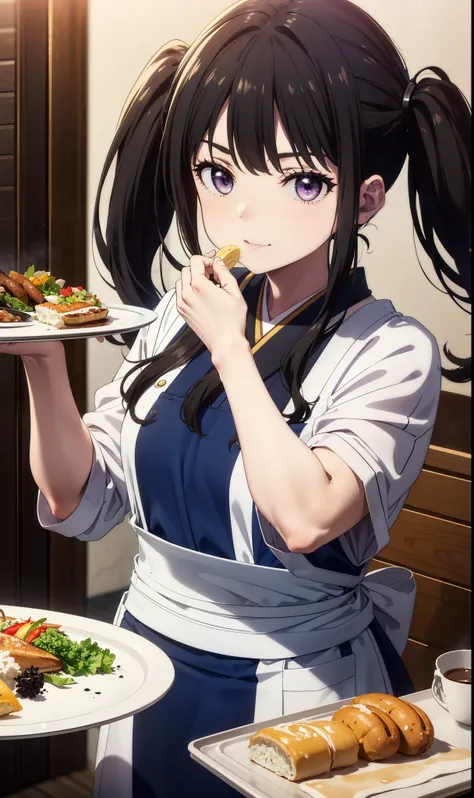 Takiuchikami, Long Hair, bangs, Twin tails, Black Hair, (Purple eyes:1.1),smile,
break japanese clothes, Blue Kimono, apron, waist apron, waitress,White tabi,whole body,food, drink, Table Cleaning, tray, tray in one hand
break indoors, hostel,
break lookin...