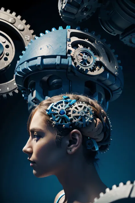 colorful brain, with gears working, in blue background, artistic