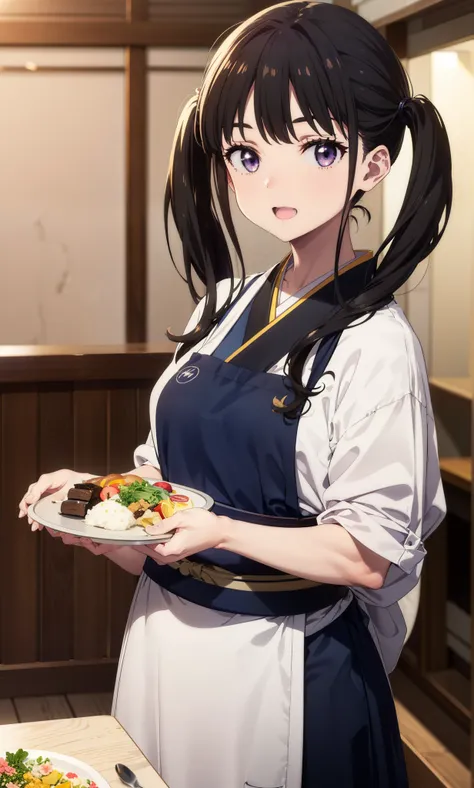 Takiuchikami, Long Hair, bangs, Twin tails, Black Hair, (Purple eyes:1.1),smile,Open your mouth,
break japanese clothes, Blue Kimono, apron, waist apron, waitress,White tabi,whole body,So that it can be included in the illustration,food, drink, Table Clean...