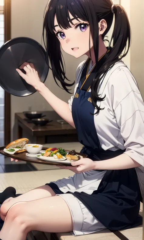 Takiuchikami, Long Hair, bangs, Twin tails, Black Hair, (Purple eyes:1.1),smile,Open your mouth,
break japanese clothes, Blue Kimono, apron, waist apron, waitress,White socks,whole body,So that it can be included in the illustration,food, drink, Table Clea...