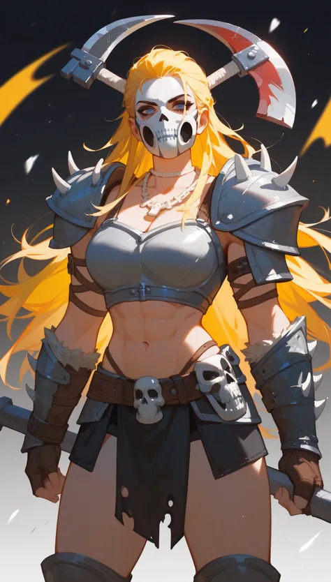 (Fraction_9,Fraction_8_Direction_7_up),1 a woman,（（（bust）））, barbarian，Olaf，Beast head，Cloaked in animal skins，Leather Armor，Yellow Hair，With an axe，Bone necklace，Iron Mask