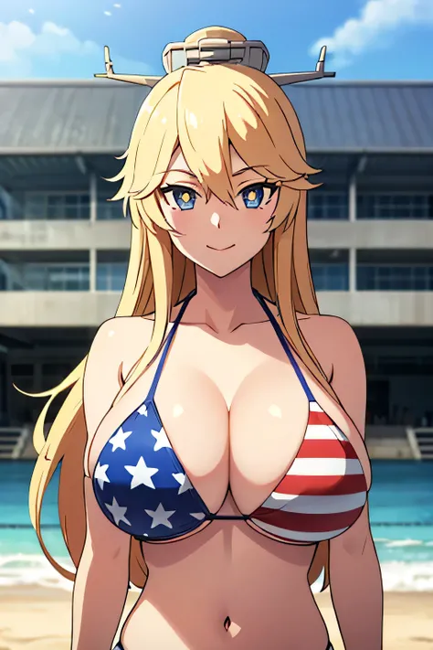 Sumiowa, Star-shaped pupils, headgear, AMERICAN FLAG BIKINI, Huge breasts, One girl, alone, Upper Body, In-person audience, View your viewers, smile,