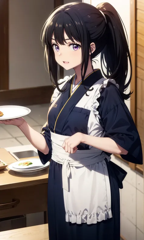 Takiuchikami, Long Hair, bangs, ponytail, Black Hair, (Purple eyes:1.1),smile,Open your mouth,
break japanese clothes, Blue Kimono, apron, waist apron, waitress,White socks,whole body,So that it can be included in the illustration,food, drink, Table Cleani...