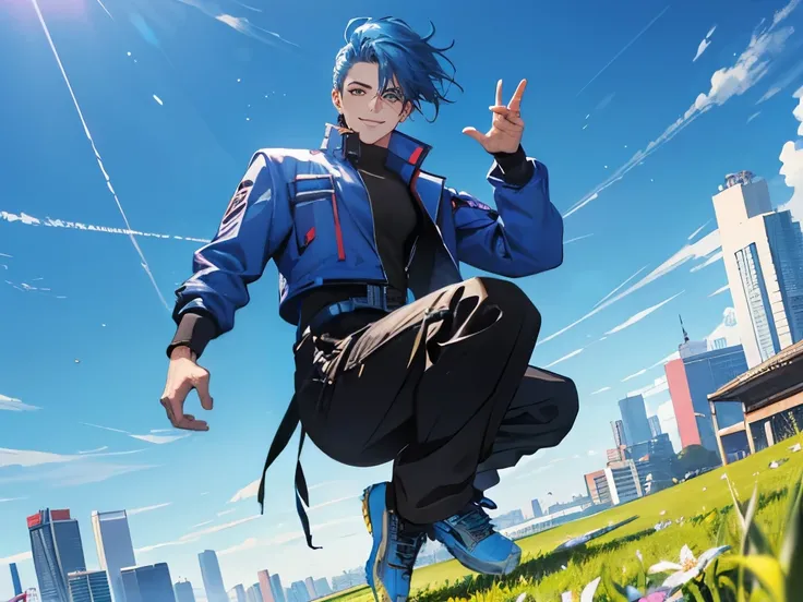 a male, half body view, jumping, look at viewer and smiling, use cyberpunk fashion, under blue clear sky, in beautiful grass and flower, high res, ultra sharp, 8k