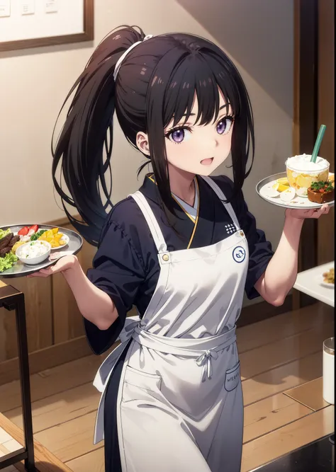 Takiuchikami, Long Hair, bangs, ponytail, Black Hair, (Purple eyes:1.1),smile,Open your mouth,
break japanese clothes, Blue Kimono, apron, waist apron, waitress,White socks,whole body,So that it can be included in the illustration,food, drink, Table Cleani...