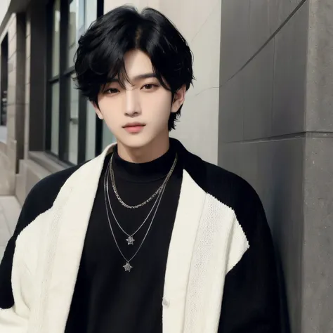 Arabian Asian man wearing a black sweater and a chain necklace, The boy has short black hair, male Ulzzang, Hyuntae, Short hair, Jungkook, Kim Do-young, Cai Xukun, Hong Jun hyung, Ulzzang, black haired yoongi, 1. The thin face of a 7-year-old boy, Kim Tae-...