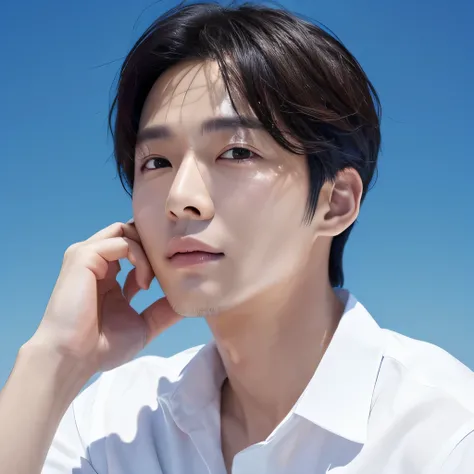 one man, perfect face, glowing skin, beautiful skin, blue sky shot, Korean male, 33 years old, actor, he is looking forward, white shirt, short hair, flash photography