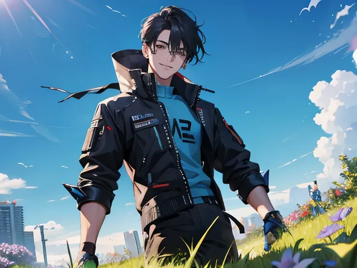 a male, half body view, look at viewer and smiling, use cyberpunk fashion, under blue clear sky, in beautiful grass and flower, high res, ultra sharp, 8k