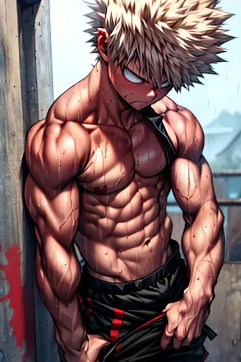 Bakugou Katsuki doing pull-ups on a pull-up bar, Bare-chested pecs and washboard abs., heavy rain, wet sweaty body, intense sweating, black pants. muscled body, red pupils 