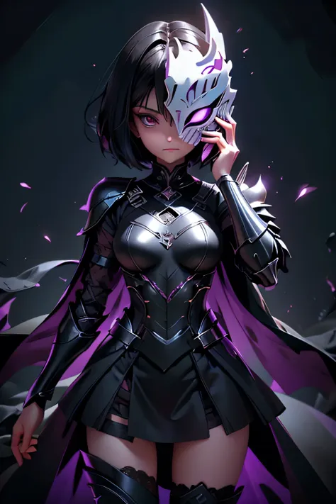 girl with perfect body, short black hair, full magic combat armor, armor covering his entire body, hollow mask on the face, lace...