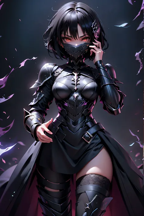 girl with perfect body, short black hair, full magic combat armor, armor covering his entire body, hollow mask on the face, lace...