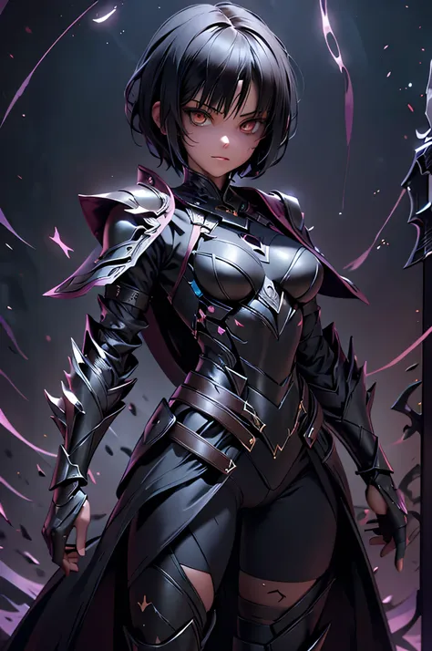 girl with perfect body, short black hair, full magic combat armor, armor covering his entire body, hollow mask on the face, lace...