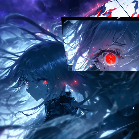 (masterpiece), (panels), (soft drops of blood, tears), ((dark colors 1.6)), (red glowing eyes), (blood splatters), blood floating), (long hair), (divided panels), (girls staring at viewer), (upper body), (upper face), ((shattered glass 1.3)), (glass shards...