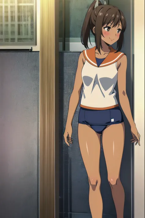 One Girl, alone, whole body, blush, smile, I401KC, Brown Hair, Short ponytail, White shirt, Sleeveless,One piece swimsuit, Bare arms, Sleeveless shirt, headgear, School Swimsuit, Sunburn, Sunburnlines, dark skin, Wear a swimsuit under your clothes, Sailor ...