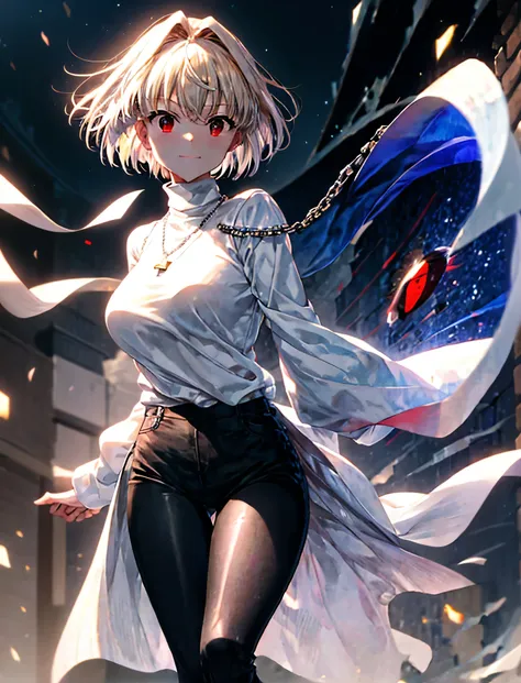 absurdres, uhd, 16k, 1girl, arcueid \(tsukihime\), 1girl, alley, nighttime, moon, stars, short blonde hair, (((red eyes))), arms...