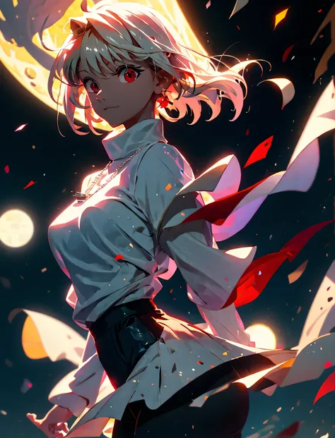 absurdres, uhd, 16k, 1girl, arcueid \(tsukihime\), 1girl, alley, nighttime, moon, stars, short blonde hair, (((red eyes))), arms...