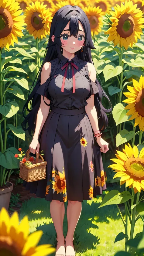 skirt hold, 1girl, shizuka_wz, lifted by self, clothes lift, flower, skirt lift, skirt basket, earrings, orange flower, solo, curtsey, blue eyes, long hair, neck ribbon, red ribbon, dress lift, skirt, jewelry, yellow flower, dark blue hair, long hair, hair...