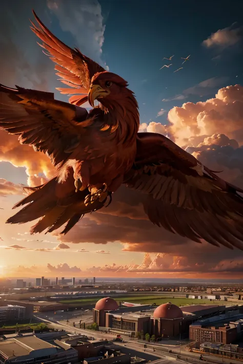 a phoenix soaring epically over the Liverpool Football Club stadium, standing out in shades of red and triumph, 8k, hyper detailed, cinematic, dramatic lighting, volumetric clouds, realistic, photorealistic, intricate details, epic scene, vibrant colors, s...