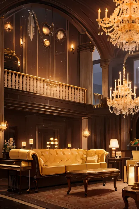 In this sophisticated, dim-lit, and cozy jazz lounge, the ambiance is set by the soft glow of a vintage chandelier hanging above a grand piano. The room is filled with the soothing melody of a lone pianists fingers dancing on the ivory keys, creating an en...