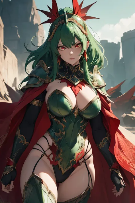 In the realm of anime, a woman with emerald green hair and a  headdress takes center stage. She dons heavy armor, its silver surface adorned with intricate red details, symbolizing her strength and resilience. The armor extends down to her greaves and plat...