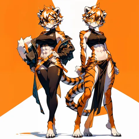 white background, full body, ((furry female:1.2)), Standing, animal ears, white hair, black hair, round eyewear,  short hair, large breasts, muscle, tail, orange eyes, orange hair, multicolored hair, tiger girl, hair between eyes, tiger_ears, tiger_tail, o...