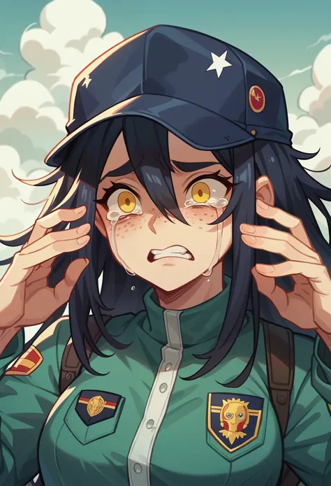 screenshot of my hero academy. girl blue and black long hair, yellow eyes and freckles on her face. in a downward looking plane, crying uncontrollably while her hands are covering her ears while she cries a thousand tears in her face.