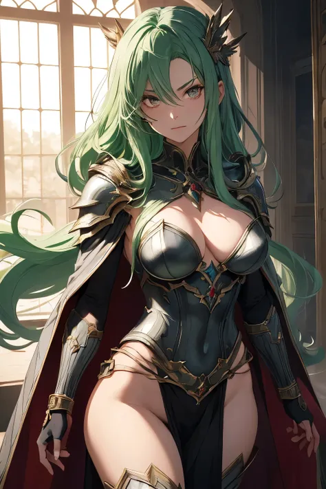 In the realm of anime, a 37-year-old woman with a striking appearance is depicted. Her long, luscious green hair is adorned with small, intricate bars, adding a unique charm to her ensemble. She stands tall, clad in heavy silver armor that sparkles under t...