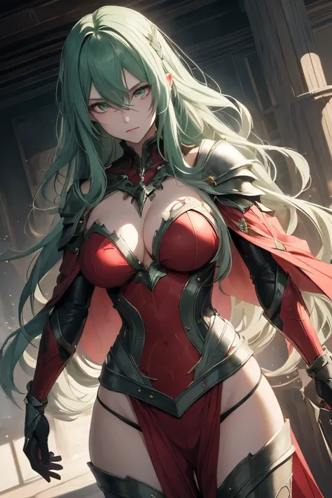 In the realm of anime, a 37-year-old woman with a striking appearance is depicted. Her long, luscious green hair is adorned with small, intricate bars, adding a unique charm to her ensemble. She stands tall, clad in heavy silver armor that sparkles under t...