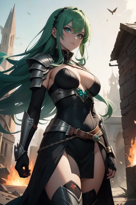 In the realm of anime, a 37-year-old woman of strength and valor stands tall. Her long, lush green hair is adorned with small, intricate bars, adding a unique touch to her powerful appearance. She clads herself in silver armor, meticulously crafted with sm...