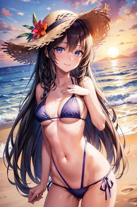 One Girl, long tied brunette hair, smile, blue eyes, Wink, View your audience, Wear a bikini, flower straw hat, (Beach), (sunset), evening, masterpiece, 8K, Perfect lighting, Perfect outfit, Perfect Anatomy, Perfect Eyes, Perfect Face, Sharp resolution, (F...