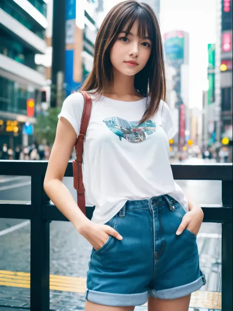 (8k, Top quality, Masterpiece:1.2), (Realistic, photo-realistic:1.37), Super detailed, perfect anatomy, cute, small eye, Fashion-model outfit, 18 years old, Japanese, girl, posing, cityscape, in summer, rainy,