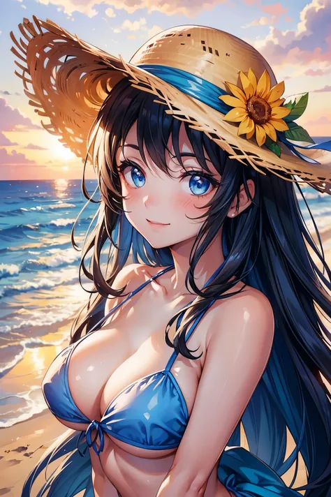 one girl, long tied brunette hair, smile, blue eyes, wink, view your audience, wear a bikini, flower straw hat, (beach), (sunset...