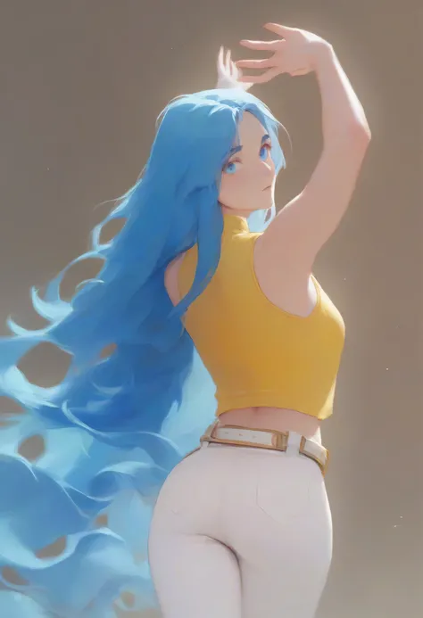 A woman with very voluminous hair, very long hair, very wavy blue hair reaching down to her waist, blue eyes, thin eyebrows, with a sensual and confident look. She is wearing a tight yellow sleeveless top with thin straps that exposes her midriff, white pa...