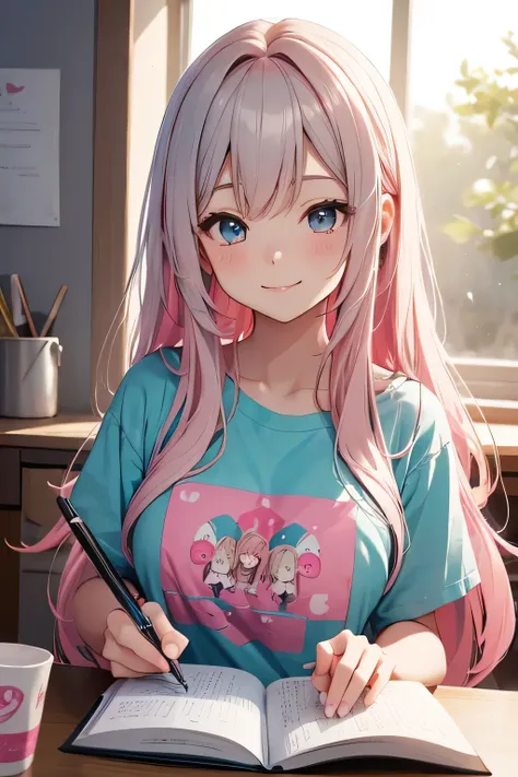 a cute girl smile with pink and long hair, breast, wearing t-shirt, Is writing a diary, looks at the camera, by style of onii kei, dreamy and romantic, light gray and light amber, jagged edges, light teal and light red, timeless beauty, 8k