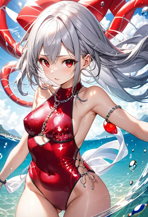 (pov Swimwear style) (beautiful body), (solo:2, 16 yo, hime cut silver hair hair long hair divine fighter girl, cool red eyes, serious face, medium tits), (in a Crystalline detailed one piece Layered Dress swimsuit, detailed sequin body chain), break, in t...