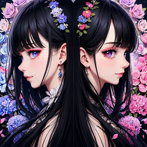 (masterpiece), Highest quality, Ultra-high resolution、Black Hair、Mole under eye、Wearing a blue ribbon、Red eyes、Fantasy、dream、Bubble、Shadow、kaleidoscope、hydrangea、Strong will、Competitive、Sick Makeup、smile、profile