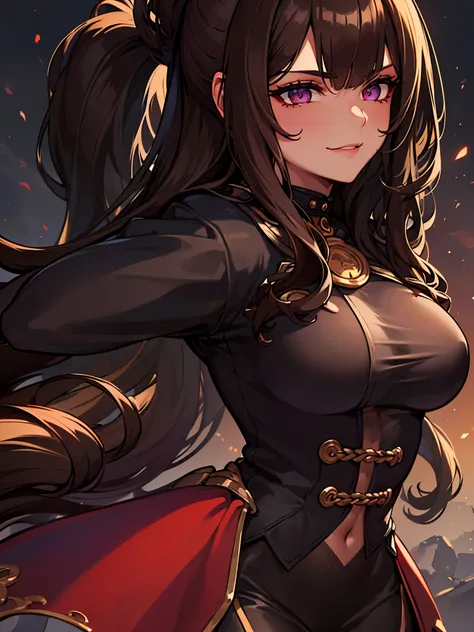 ((masterpiece)), ((best quality)), 1girl, adult, long hair, big bust, ((brown hair)), ((intimidant look)), ((close-up)), profile image, black and red clothes, sexy, dark colors, ((coat with fur)), ((wavy hair)), exposed skin, ((sexy pose)), good anatomy, (...