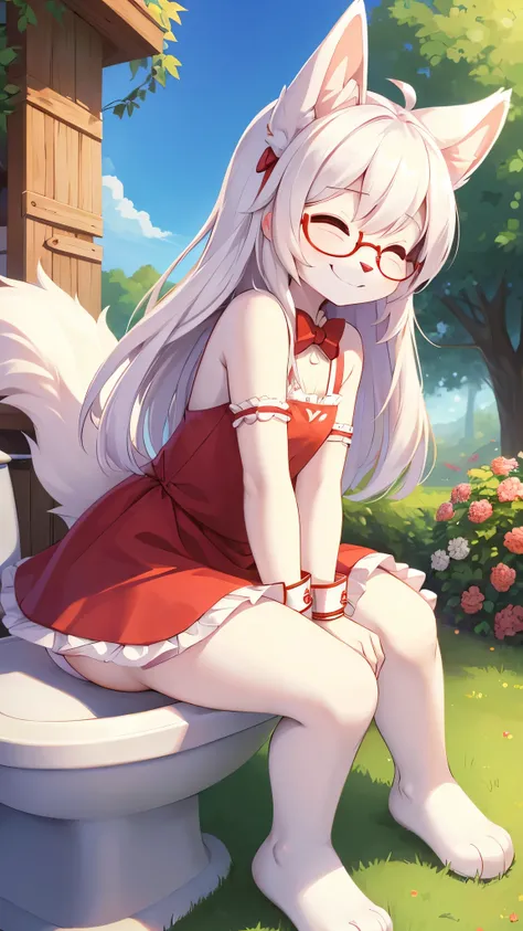 best quality,Optimal resolution,(Fluffy anthropomorphic furry :1.6),(young :1.6),White Rabbit Girl,Small Breasts,Red Eyes,Bright Eyes,White long hair,White rabbit with long ears,White rabbit tail,Red ribbon bow tie,Glasses,Red ribbon hairpin,Red bracelet w...