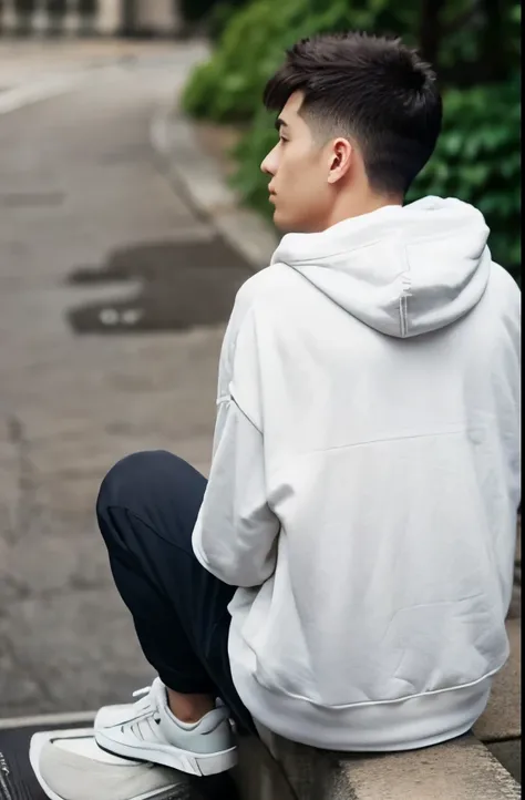 a man with a disheveled tapered hairstyle, wears a white hoodie and jogger, streetwear style, taken from behind, sitting and thinking