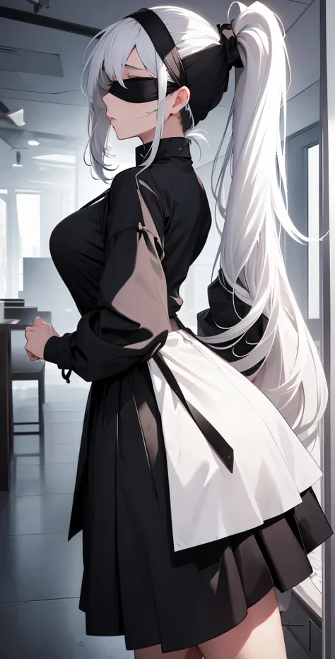 For a girl who has voluminous white hair tied in a ponytail, wears a black blindfold, Wearing black clothes and a sexy black skirt