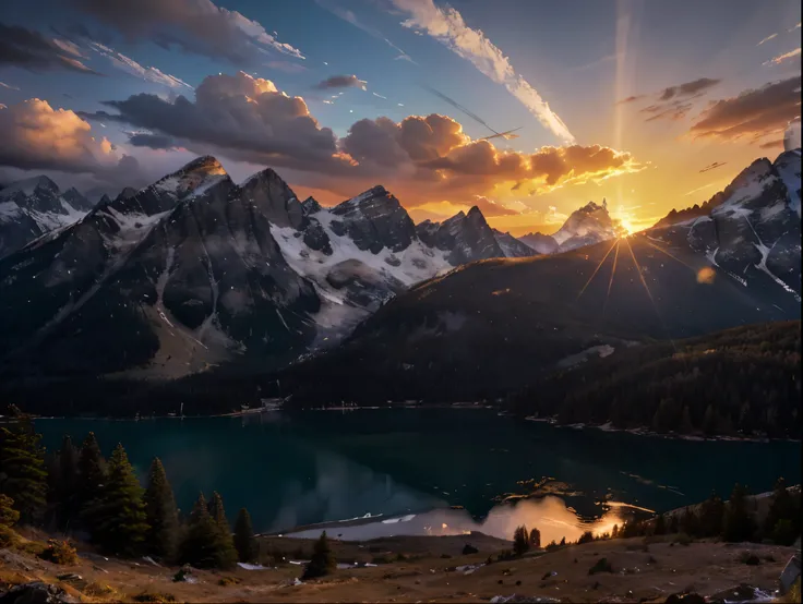 a breathtaking sunset over majestic mountains,dramatic sky with vibrant colors,glowing sun on the horizon,silhouettes of pine trees,serene lake reflecting the sky,detailed rocky cliffs,beautiful light rays,intricate cloud formations,realistic landscape,pho...