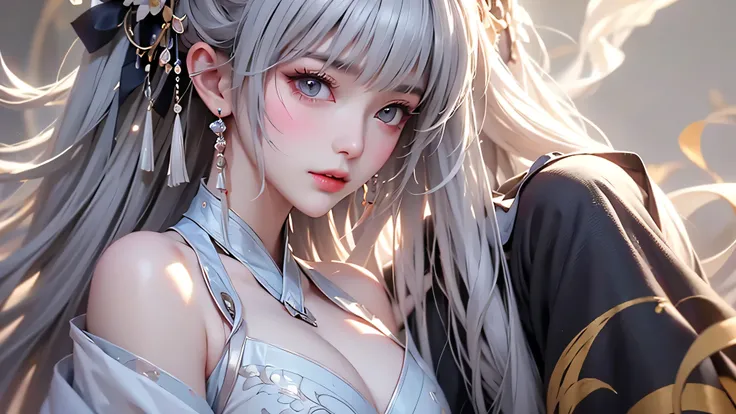 super high quality, masterpiece, Perfect illustration, Very detailed (Exquisite light and shadow, Very dramatic photo,Backlight) , ((Gray Hair:1.5))1 Girl,(( alone:1.6)), (Wearing Han clothes, Black and white Hanfu,Monotony,Long sleeve)  (White smoke:1.3) ...