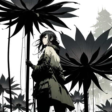 in style of Ashley Wood, Giant black lily，Central Composition，Close-up，graphic novels illustration