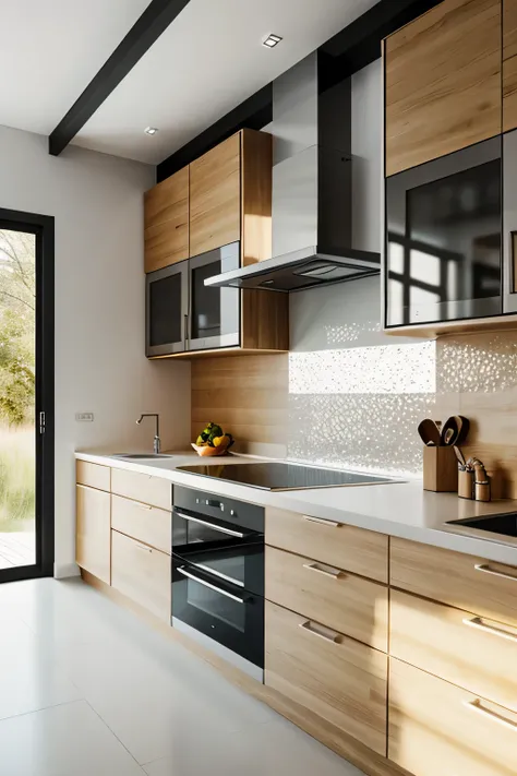 Professional 3d architecture rendering design of modern and minimal kitchen with  light  wooden color 