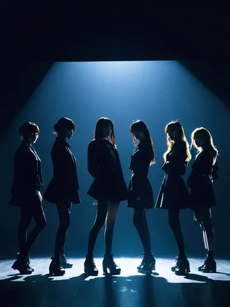 薄dark部屋に佇むFive women, unlimited, Generic KPOP, silhouette, , unlimited, Backlight, dark、Spotlight、A long shadow stretching forward、Five women、audition