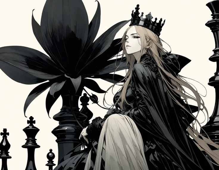 in style of Santiago Caruso, in style of Ashley Wood, Giant black lily，Central Composition，Close-up， queen (chess),graphic novels illustration