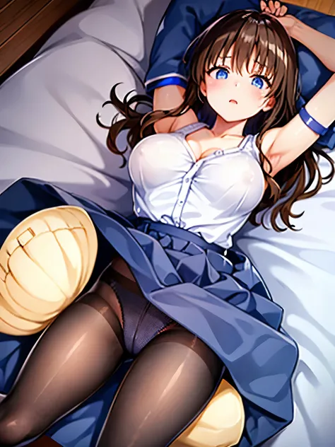 Only one woman、student　Navy blue bloomers　white体操服上着、Beautiful feet、Big Breasts、Blue Eyes、Brown Hair、Aroused expression、evening　Riverbank、white　Fishnet tights、loafers、Armpit Show　Are standing