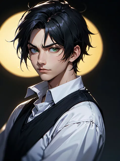 ((Portrait Photo)), He has a Youthful and Nonchalant Black-Haired Appearance, with a Slim Build and Calm Demeanor. He Expresses an Indifferent and Lazy Look, Giving Off a Serene Glint. He has Light Green Eyes, and His Hair is Short, Black and Tousled, with...