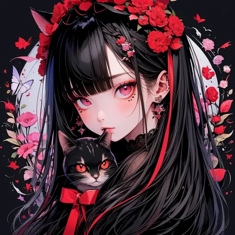 (masterpiece), Highest quality, Ultra-high resolution、Black Hair、Mole under eye、Cat with red ribbon、Red eyes、Fantasy、dream、Bubble、Shadow、kaleidoscope、hydrangea