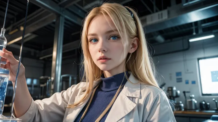 A beautiful woman. Blonde hair and blue eyes. Late twenties. She is wearing a researchers lab coat. She is looking at the camera with a defiant expression. She is in a science laboratory surrounded by steel.